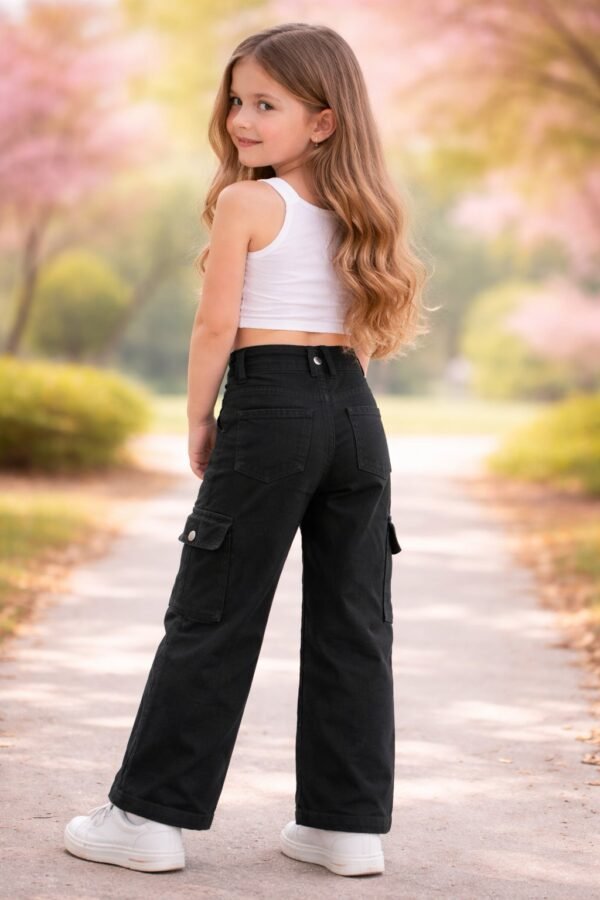 Kız Çocuk Yüksek Bel Kargo Cepli Gabardin Pantolon Siyah Renkli - Gorsel 4