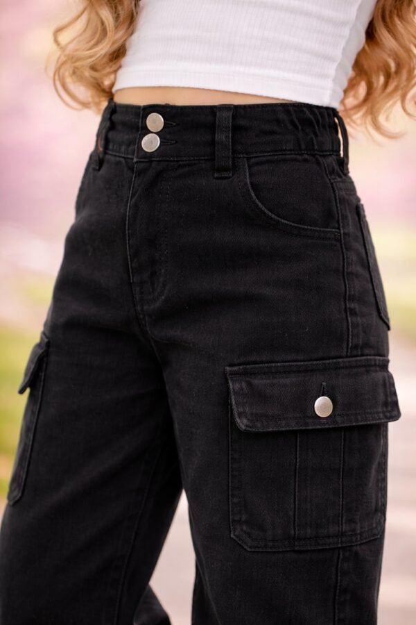 Kız Çocuk Yüksek Bel Kargo Cepli Gabardin Pantolon Siyah Renkli - Gorsel 3
