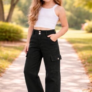 Kız Çocuk Yüksek Bel Kargo Cepli Gabardin Pantolon