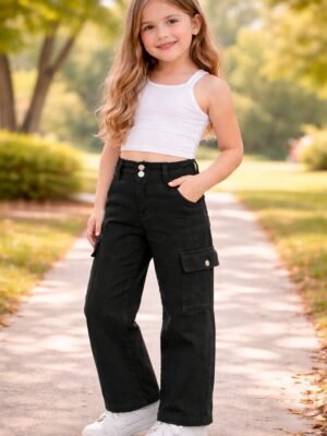 Kız Çocuk Yüksek Bel Kargo Cepli Gabardin Pantolon Siyah Renkli