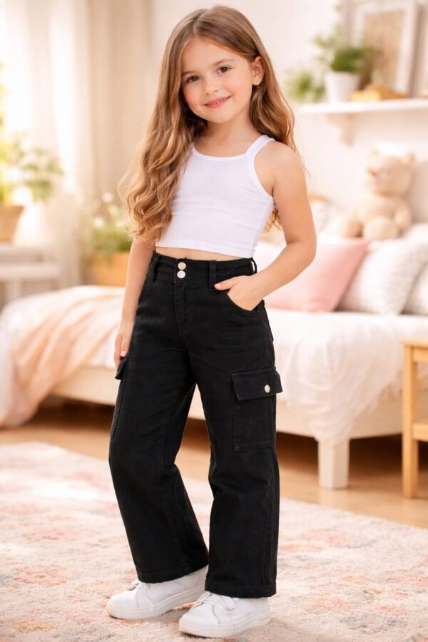 Kız Çocuk Yüksek Bel Kargo Cepli Gabardin Pantolon Siyah Renkli - Gorsel 2