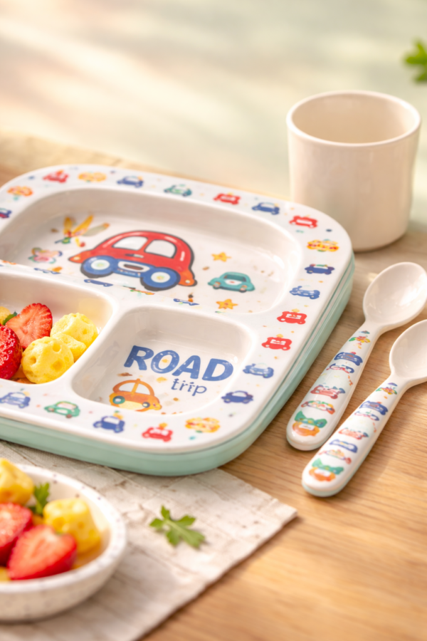 Melamin Arabalar Desenli Bebek Mama Kabı Seti, Güvenli ve Dayanıklı, Pratik Kullanım - Gorsel 3