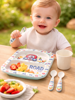 Melamin Arabalar Desenli Bebek Mama Kabı Seti, Güvenli ve Dayanıklı, Pratik Kullanım