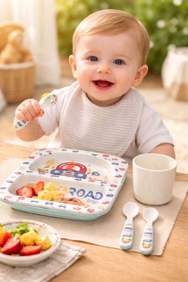 Melamin Arabalar Desenli Bebek Mama Kabı Seti, Güvenli ve Dayanıklı, Pratik Kullanım - Gorsel 2