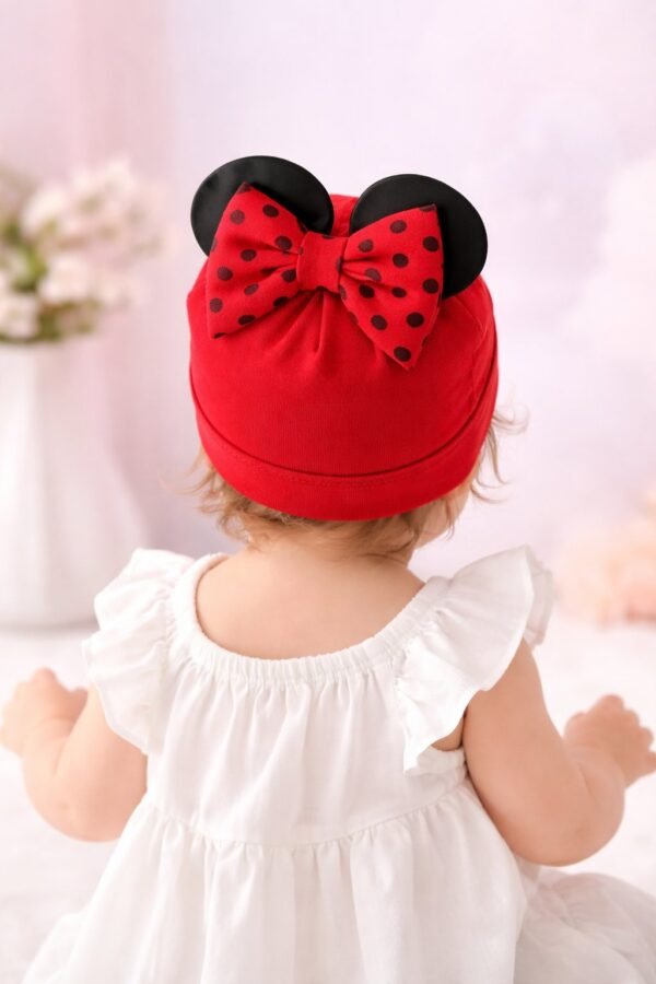 Mickey Mouse Desenli Kız Çocuk Penye Bone, bebek araç gereçleri, renkli ve rahat - Gorsel 4