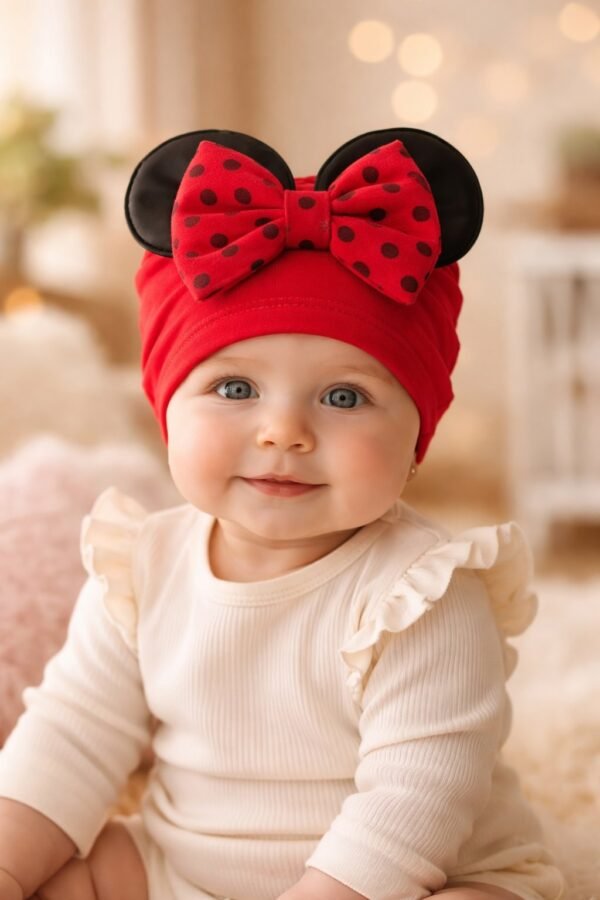 Mickey Mouse Desenli Kız Çocuk Penye Bone, bebek araç gereçleri, renkli ve rahat - Gorsel 2