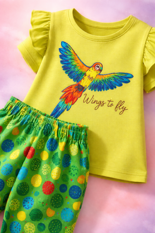 Renkli Kuş Desenli Çocuk Takım Elbise - Kız Giyim Seti, Yeşil Renkli, Çocuklar için rahat ve şık - Gorsel 3