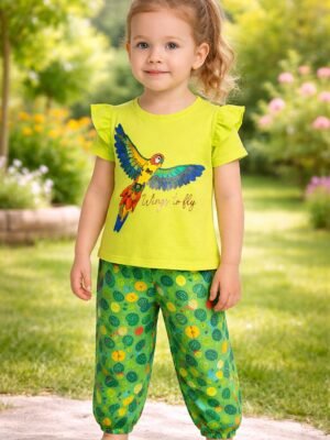 Renkli Kuş Desenli Çocuk Takım Elbise - Kız Giyim Seti, Yeşil Renkli, Çocuklar için rahat ve şık
