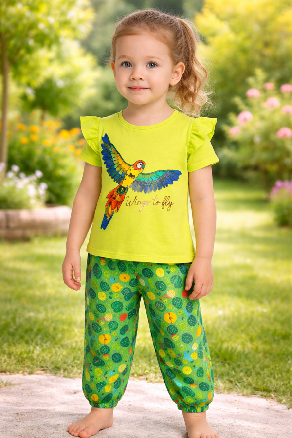 Renkli Kuş Desenli Çocuk Takım Elbise - Kız Giyim Seti, Yeşil Renkli, Çocuklar için rahat ve şık