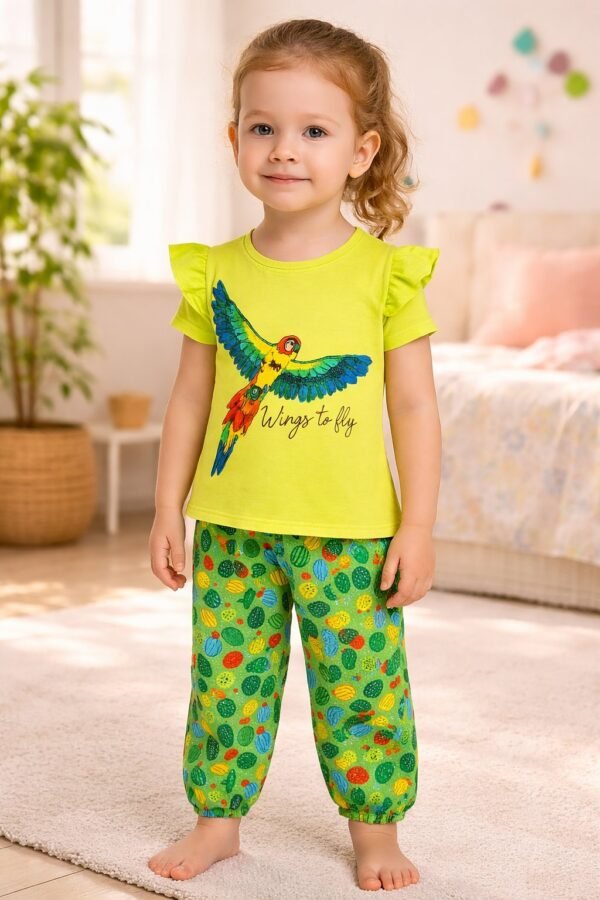 Renkli Kuş Desenli Çocuk Takım Elbise - Kız Giyim Seti, Yeşil Renkli, Çocuklar için rahat ve şık - Gorsel 2