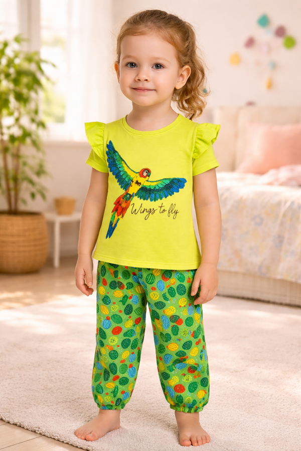 Renkli Kuş Desenli Çocuk Takım Elbise - Kız Giyim Seti, Yeşil Renkli, Çocuklar için rahat ve şık - Gorsel 2