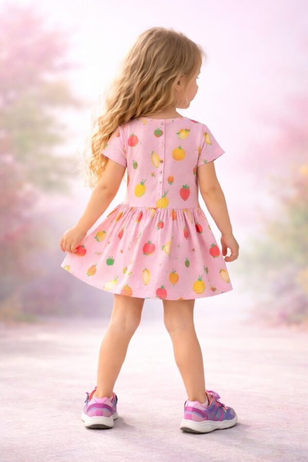 Renkli Meyve Desenli Kız Çocuk Yazlık Elbise - Pamuklu ve Eğlenceli Tasarım - Gorsel 4