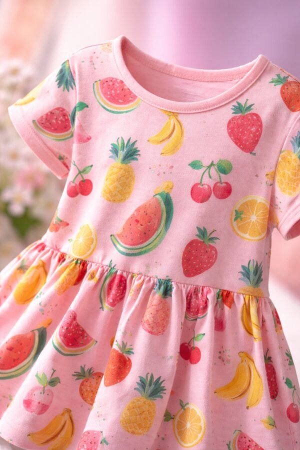 Renkli Meyve Desenli Kız Çocuk Yazlık Elbise - Pamuklu ve Eğlenceli Tasarım - Gorsel 3