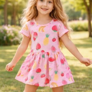 Renkli Meyve Desenli Kız Çocuk Yazlık Elbise - Pamuklu ve Eğlenceli Tasarım