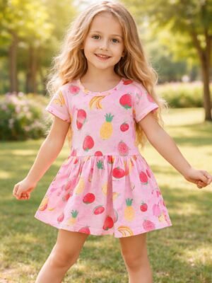 Renkli Meyve Desenli Kız Çocuk Yazlık Elbise - Pamuklu ve Eğlenceli Tasarım