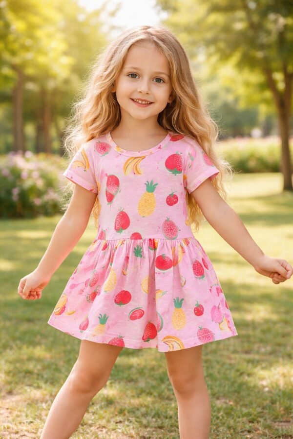 Renkli Meyve Desenli Kız Çocuk Yazlık Elbise - Pamuklu ve Eğlenceli Tasarım