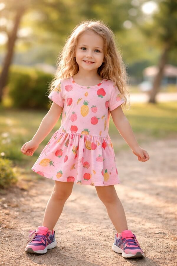 Renkli Meyve Desenli Kız Çocuk Yazlık Elbise - Pamuklu ve Eğlenceli Tasarım - Gorsel 2