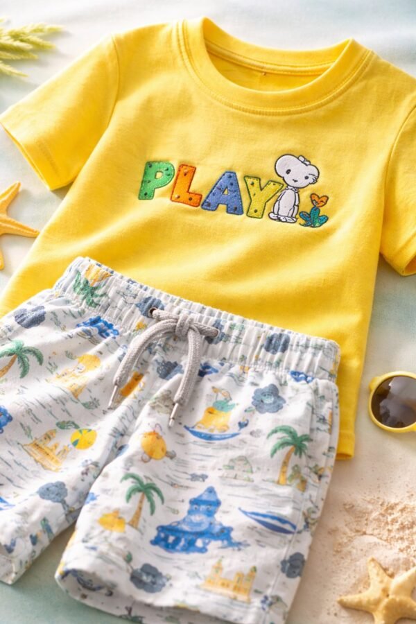 Sarı Renk Erkek Çocuk Yazlık Takım 3-6 Yaş Sarı Tişört & Desenli Şort - Erkek Çocuk Giyim - Gorsel 3