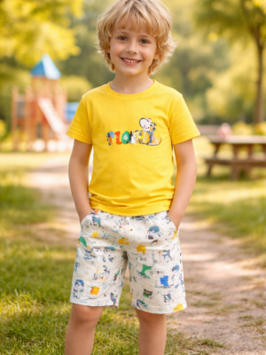 Sarı Renk Erkek Çocuk Yazlık Takım 3-6 Yaş Sarı Tişört & Desenli Şort - Erkek Çocuk Giyim
