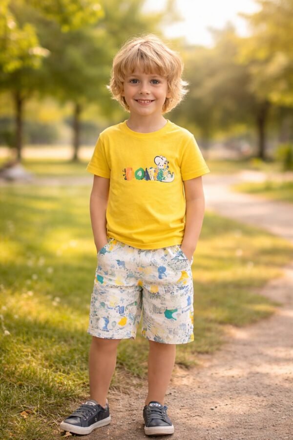 Sarı Renk Erkek Çocuk Yazlık Takım 3-6 Yaş Sarı Tişört & Desenli Şort - Erkek Çocuk Giyim - Gorsel 2