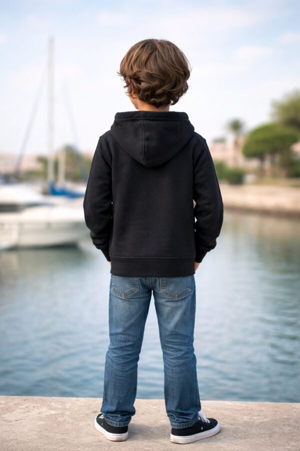 Siyah Kapşonlu Erkek Çocuk Hırkası Fermuarlı Cep Detaylı 9-12 Yaş - Gorsel 4
