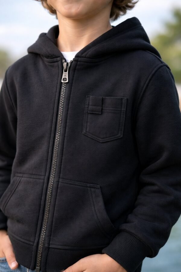 Siyah Kapşonlu Erkek Çocuk Hırkası Fermuarlı Cep Detaylı 9-12 Yaş - Gorsel 3
