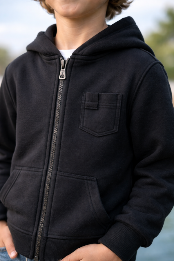 Siyah Kapşonlu Erkek Çocuk Hırkası Fermuarlı Cep Detaylı 9-12 Yaş - Gorsel 3