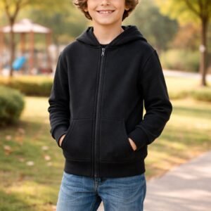 Siyah Kapşonlu Erkek Çocuk Hırkası Fermuarlı Cep Detaylı 9-12 Yaş