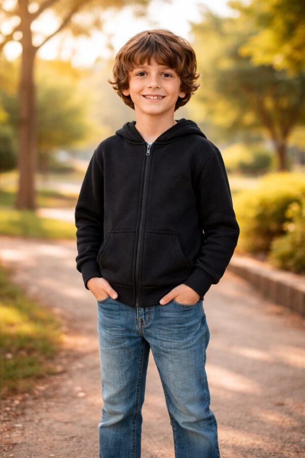 Siyah Kapşonlu Erkek Çocuk Hırkası Fermuarlı Cep Detaylı 9-12 Yaş - Gorsel 2