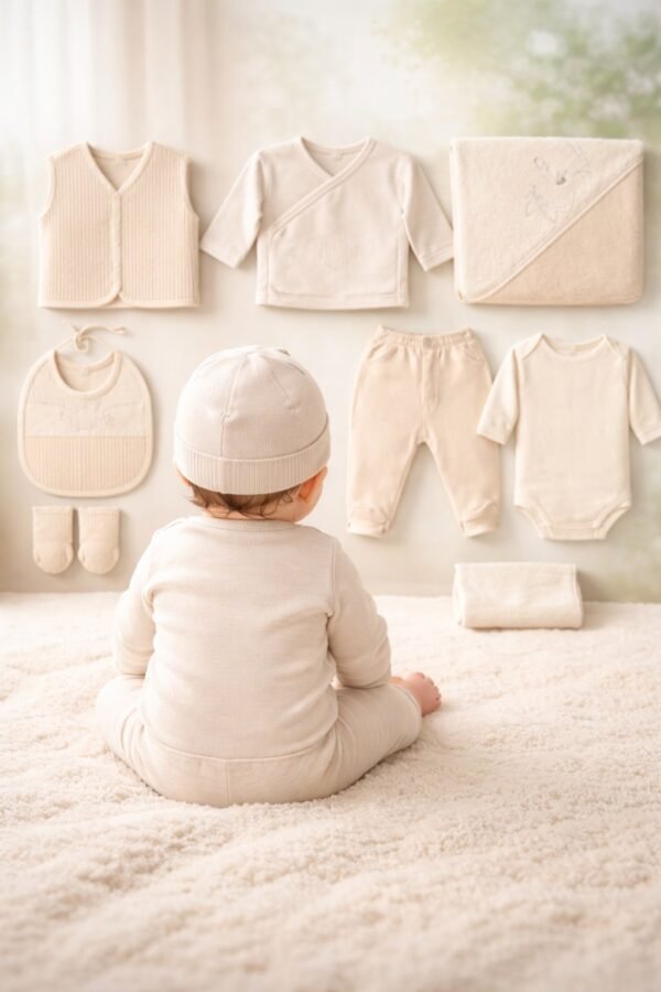 Unisex 10 Parça Pamuklu Hastane Çıkışı Krem Renkli Bebek Seti - Gorsel 4