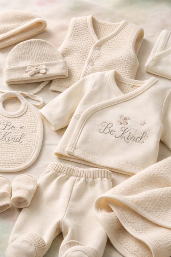 Unisex 10 Parça Pamuklu Hastane Çıkışı Krem Renkli Bebek Seti - Gorsel 3