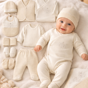 Unisex 10 Parça Pamuklu Hastane Çıkışı Krem Renkli Bebek Seti