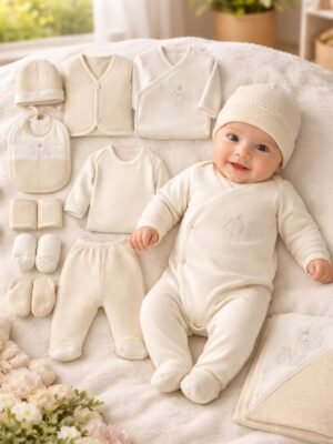 Unisex 10 Parça Pamuklu Hastane Çıkışı Krem Renkli Bebek Seti