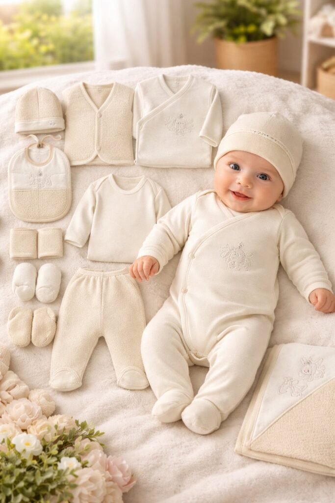 Unisex 10 Parça Pamuklu Hastane Çıkışı Krem Renkli Bebek Seti