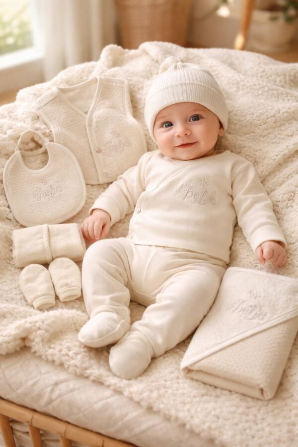 Unisex 10 Parça Pamuklu Hastane Çıkışı Krem Renkli Bebek Seti - Gorsel 2