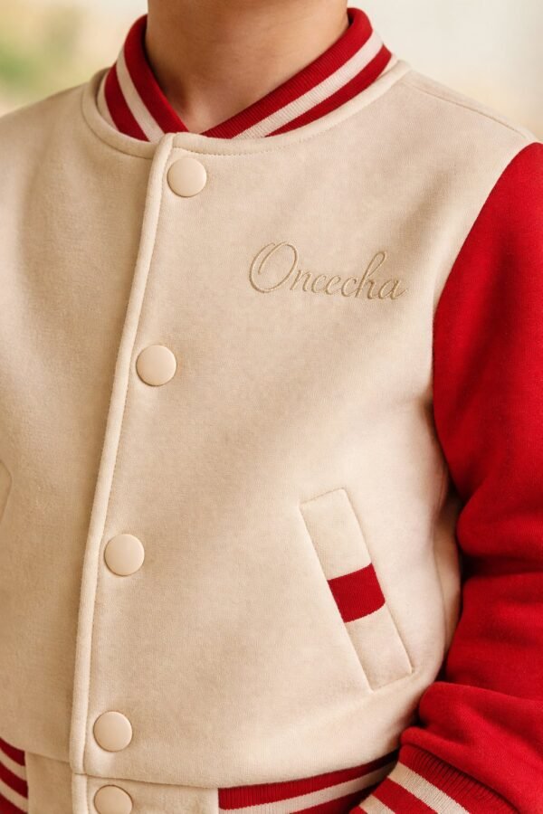 Unisex kolej ceket kız çocuk mevsimlik krem kırmızı renk cepli ve çıtçıtlı rahat giyim - Gorsel 3