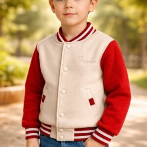 Unisex kolej ceket kız çocuk mevsimlik krem kırmızı renk cepli ve çıtçıtlı rahat giyim