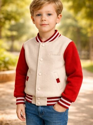 Unisex kolej ceket kız çocuk mevsimlik krem kırmızı renk cepli ve çıtçıtlı rahat giyim