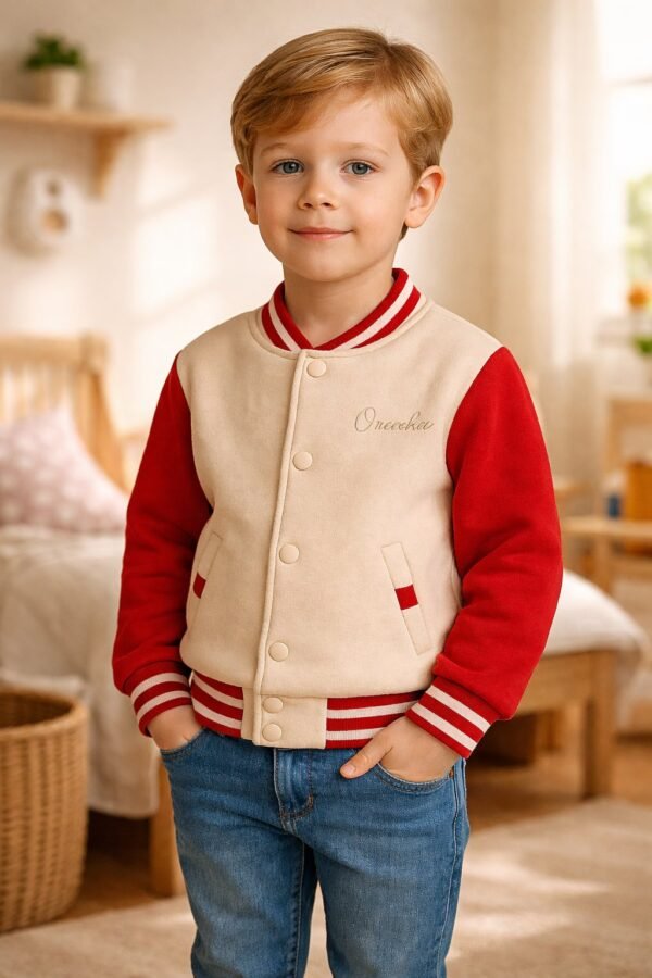 Unisex kolej ceket kız çocuk mevsimlik krem kırmızı renk cepli ve çıtçıtlı rahat giyim - Gorsel 2