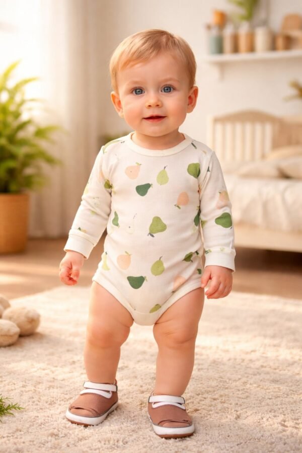 Unisex Armut Desenli Pamuklu Uzun Kollu Bebek Zıbın, Çıtçıtlı, Desenli, Günlük - Gorsel 2