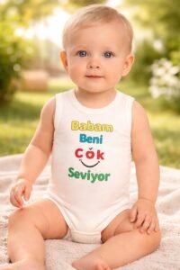 Unisex Babam Beni Çok Seviyor Yazılı Sıfır Kollu Çıtçıtlı Bady