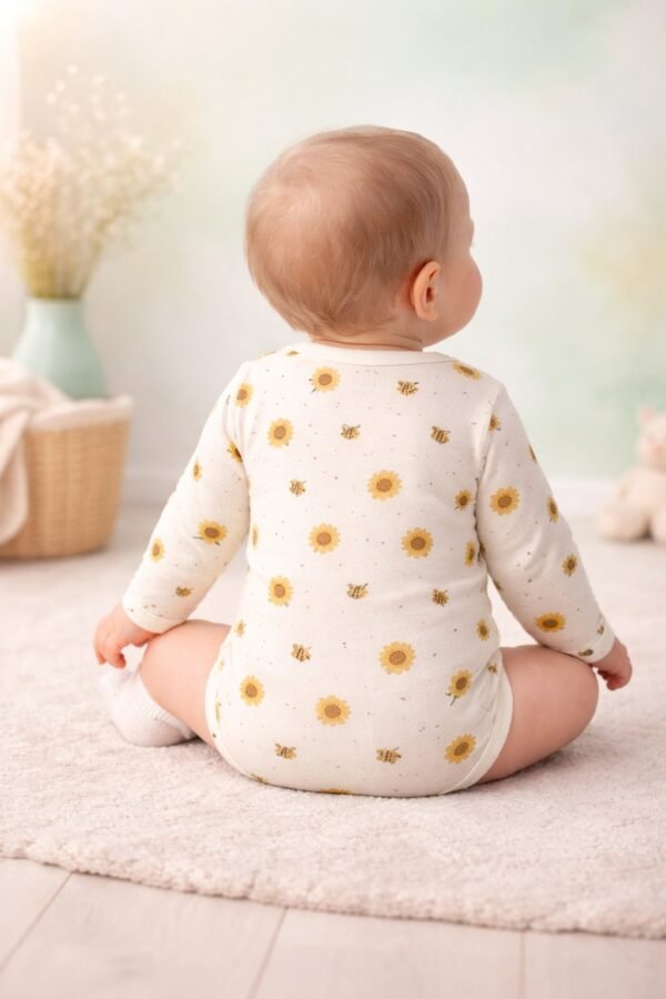 Unisex Bebek Body Krem Renkli Çiçek ve Arı Desenli Uzun Kollu Çıtçıtlı - Gorsel 4