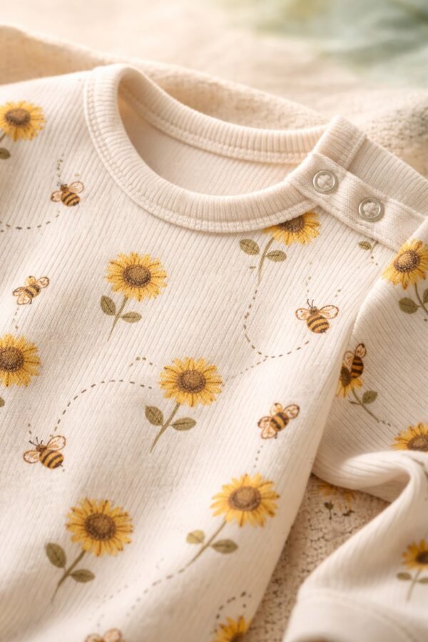 Unisex Bebek Body Krem Renkli Çiçek ve Arı Desenli Uzun Kollu Çıtçıtlı - Gorsel 3