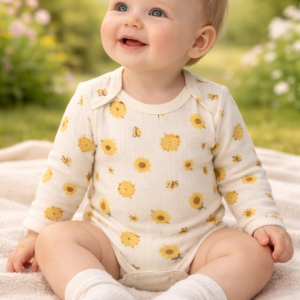 Unisex Çiçek ve Arı Desenli Uzun Kollu Çıtçıtlı Bebek Body, rahat ve pratik giyim