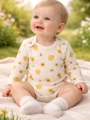 Unisex Bebek Body Krem Renkli Çiçek ve Arı Desenli Uzun Kollu Çıtçıtlı