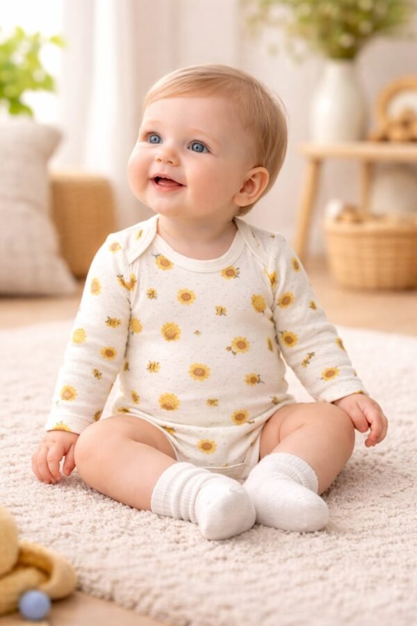 Unisex Bebek Body Krem Renkli Çiçek ve Arı Desenli Uzun Kollu Çıtçıtlı - Gorsel 2