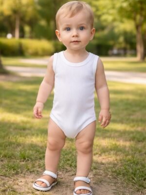 Unisex Fitilli Sıfır Kol Çıtçıtlı Bebek Body Beyaz ve Mavi renkler, Erkek bebek giyim, Günlük rahat kullanım