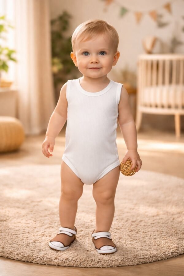 Unisex Fitilli Sıfır Kol Çıtçıtlı Bebek Body Beyaz ve Mavi renkler, Erkek bebek giyim, Günlük rahat kullanım - Gorsel 2