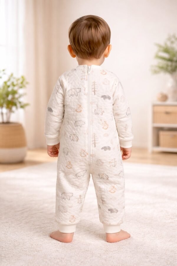Unisex Hayvan Figürlü Fermuarlı Uzun Kollu Bebek Tulum Krem Renk, Erkek Bebek Giyim - Gorsel 4