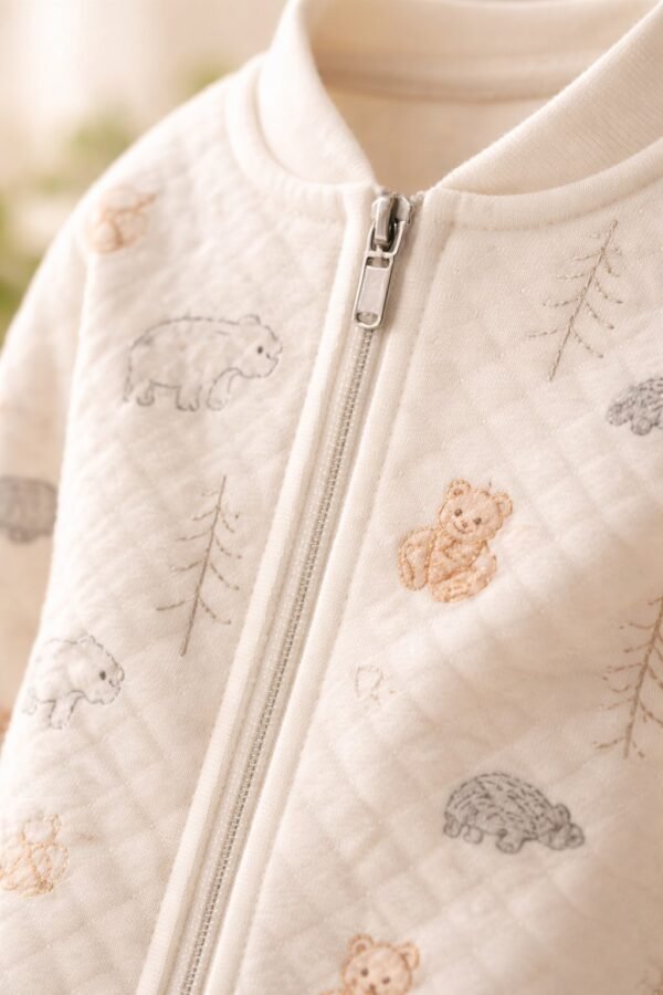 Unisex Hayvan Figürlü Fermuarlı Uzun Kollu Bebek Tulum Krem Renk, Erkek Bebek Giyim - Gorsel 3